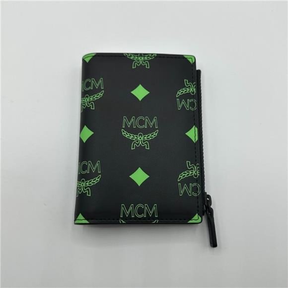 MCM Leather Wallet Green Splash Logo Leather 100% Authenticity Unisex - Picture 4 of 10